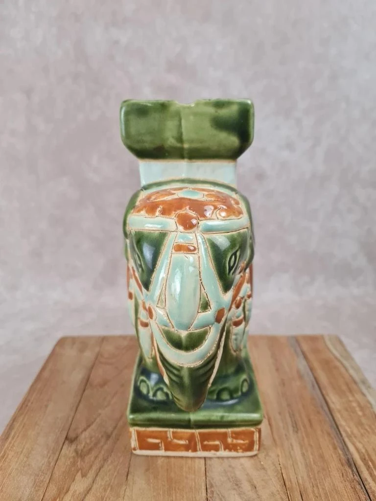 🐘 Groene en oker geëmailleerde keramische olifant asbak - vintage Aziatische stijl – photo 4
